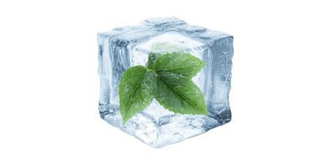 A Single Clear Ice Cube with Fresh Green Leaves Frozen Inside Representing Nature Preservation and Freshness Isolated on a Transparent Background.