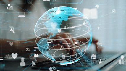 A striking digital visualization showcasing a globe intertwined with various icons, representing the intricate web of global communication and connectivity in technology. Xenic