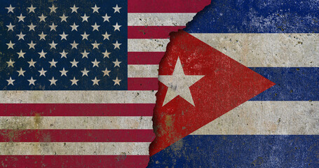 United States and Cuba political conflict concept with cracked flags background