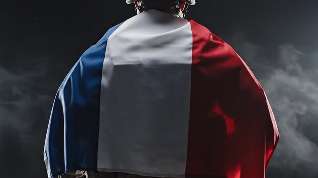soldier with the french flag cape standing against smoky dark background