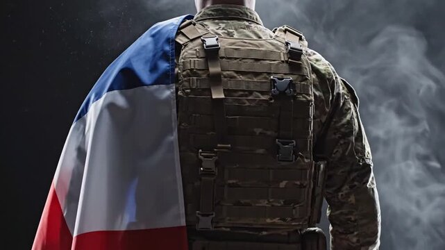 Soldier Standing with French Flag Draped Over Backpack in a Dark Setting