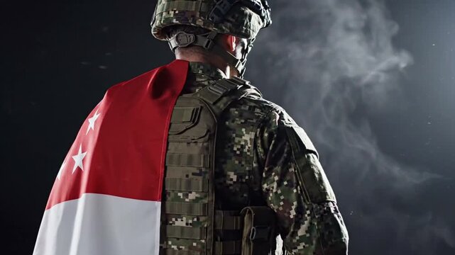 Military Soldier Wearing Camouflage Uniform with Red and White Flag Cape in