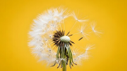 Obraz premium A close-up shot of a delicate dandelion head with flying seeds, set against a vibrant yellow backdrop. The image captures the ephemeral beauty and fragility of nature