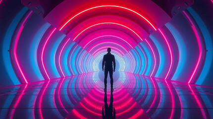 Futuristic Neon Tunnel With Lone Human Silhouette