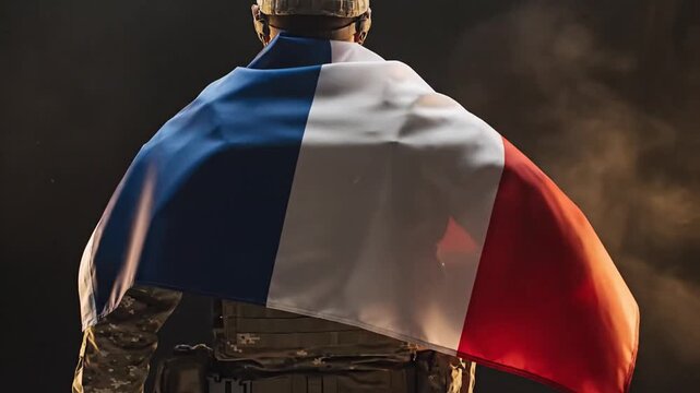 Soldier Holding French Flag During Nighttime with Dramatic Cloudy Sky
