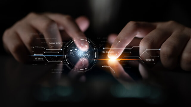 AI artificial intelligence with digital brain and connected data circuit. AI core processes data, AI core drives intelligence, enables connection, and AI core powers smart digital systems. Latch - Powered by Adobe