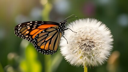 Fototapeta premium A vibrant butterfly delicately perched on a dandelion, its wings showcasing intricate patterns, creating a beautiful scene. 