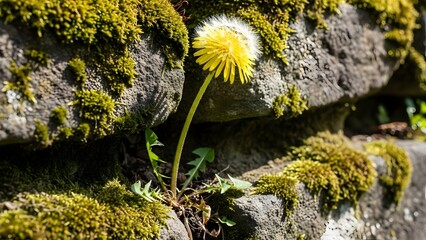 A vibrant dandelion blooming amidst weathered rocks, displaying resilience and natural beauty. The dandelion is bright yellow, contrasting with the green moss and textured stone