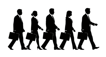 Silhouettes of business people walking with briefcases in a row.