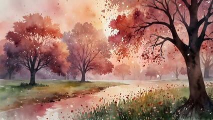 Romantic Watercolor Valentine Park Scene
