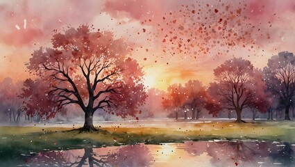 Romantic Watercolor Valentine Park Scene