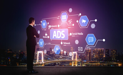 A business professional stands against a vibrant city skyline, analyzing digital marketing strategies represented by glowing icons for social media and advertising. Tessel