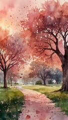 Romantic Watercolor Valentine Park Scene