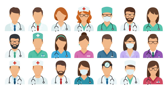 Diverse group of medical professionals and healthcare workers icons in various uniforms and roles.