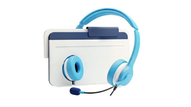 3D Render of Blue Headset with Microphone and Clipboard - Powered by Adobe
