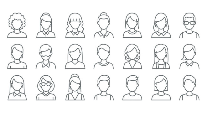 Set of diverse simple line icons representing various male and female avatars and profiles.