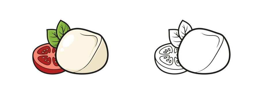 Cartoonish mozzarella cheese ball with tomato slice and basil leaves including black outline coloring page version on white background representing caprese salad ingredients