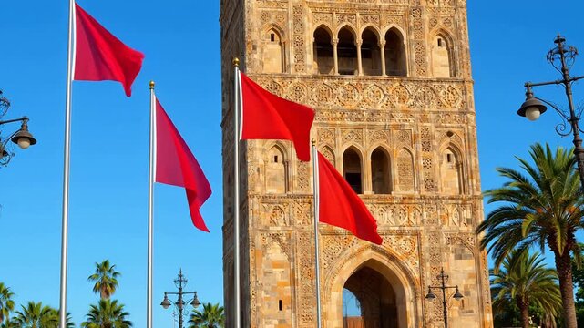 Historic tower with red flags and palm trees