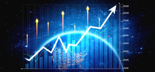 Explore a visual representation of growth in finance, featuring a dynamic upward trend on a global backdrop, symbolizing economic success and market potential. Scalp