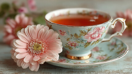 A floral teacup with pink flowers and a pink flower beside it.