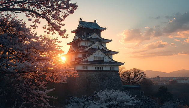 An ancient Japanese samurai castle stands as a historic stone landmark amidst the dark woods of Osaka under a night sky, showcasing traditional oriental architecture and pagoda towers - Powered by Adobe