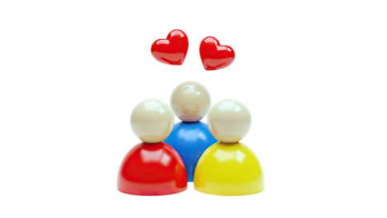 Three stylized figures with hearts above, symbolizing love and family