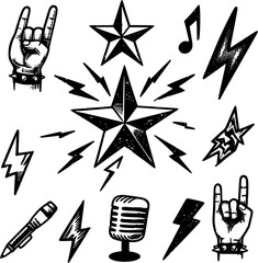 Hand drawn vector set of black arrows and symbols including stars and lightning icons for sketch illustration design elements