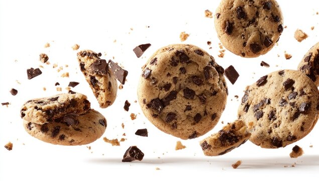 Chocolate chip cookies exploding into pieces in mid air, releasing chocolate chunks and crumbs.