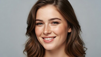 Naklejka premium Close-up portrait of a happy young woman with a bright smile, showcasing her natural beauty and healthy skin