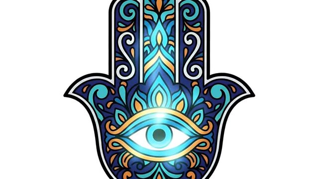 Hamsa Hand Amulet With Eye Symbol On Blue Background Footage