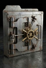 A vintage metal safe with a combination lock on a dark metallic surface viewed from the front
