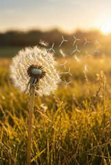 Dandelion seeds dispersing in a serene meadow at sunrise, captured in a warm, golden light from a low angle.