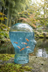 A serene glass sculpture of a human head filled with water and goldfish, placed on a mossy stone surface overlooking a tranquil pond surrounded by lush greenery