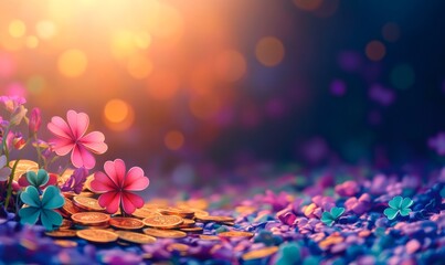 Clovers and golden coins creating a dreamy, magical atmosphere, representing luck and fortune on a vibrant bokeh background