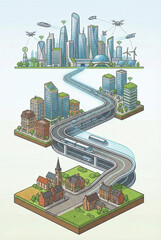 Futuristic cityscape with modern transportation systems and historical landmarks viewed from above