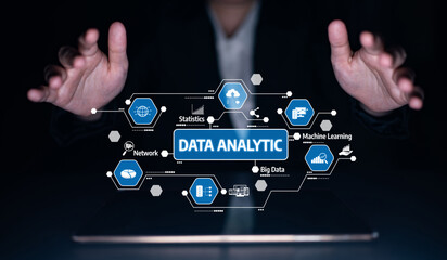 A visual representation of data analytics featuring hands reaching towards various icons that represent essential concepts like statistics, big data, and machine learning. Tessel