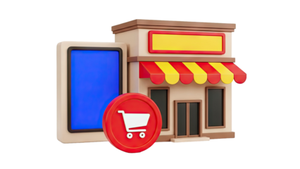 3D Render of a Storefront and Shopping Cart Icon with Tablet