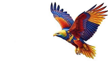 Fototapeta premium Vibrant Colorful Eagle Flying with Spread Wings, Majestic Bird of Prey in Dynamic Motion, Exotic Wildlife Illustration, Symbol of Freedom Strength and Energy, Isolated on White Background, Detailed 3D