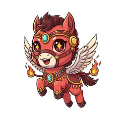 Cute Chibi Pegasus Horse with Fiery Wings and Ornate Armor. Lunar New Year Vector Illustration. EPS Editable