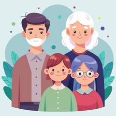Obraz premium A cartoon family of four with a man woman and two children standing together smiling