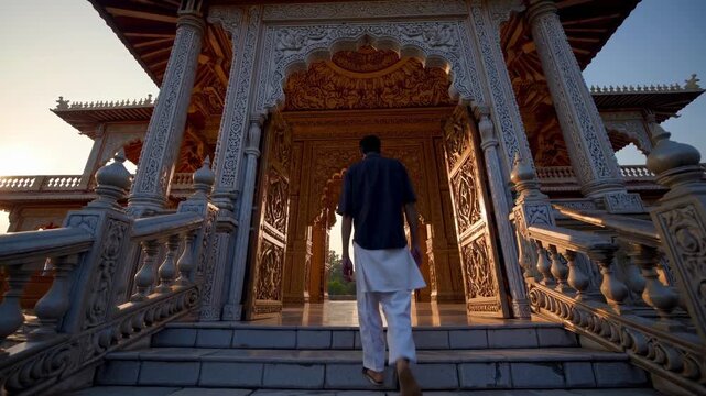 A man walks up ornate temple steps at sunrise, captured from a low-angle, emphasizing grandeur. The video evokes a sense of spiritual journey.