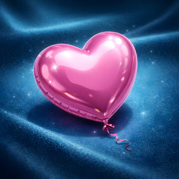 AI Pink Heart Balloon. Premium 3D illustration of a glossy pink heart-shaped balloon on a velvet turquoise background with soft highlights and subtle shadow, perfect for romantic design, print and dig