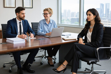 Obraz premium Three business professionals, a man and two women, seated around a conference table, engaged in a discussion or presentation.