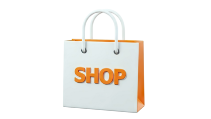 White shopping bag with orange "SHOP" text and handles on white background