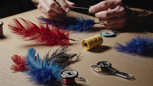 Close-up video of hands crafting with colorful feathers and thread on a wooden table, showcasing a DIY art project from a top-down angle.