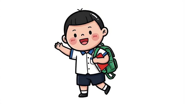 Happy Cartoon Boy With Backpack And Books Waving Hello