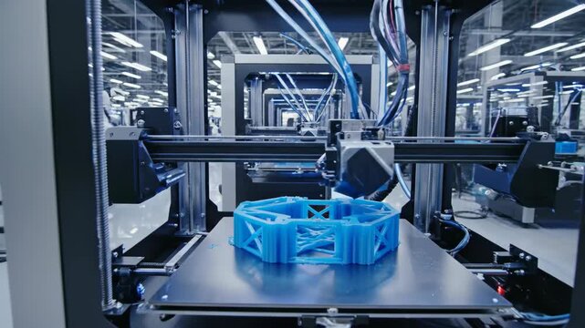 3D printer creating light blue object on production line. Advanced manufacturing technology in smart factory automation.