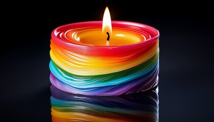 Rainbow Swirl Candle Melting On Reflective Surface