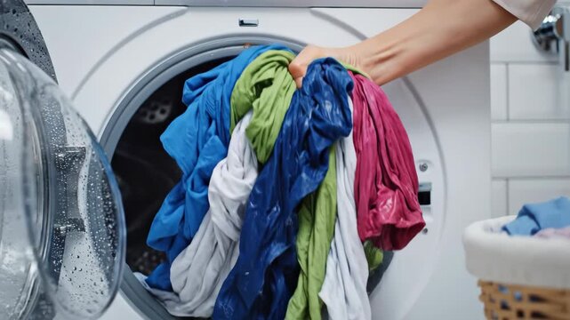 Woman removing clean, wet colorful laundry from a washing machine drum, showing the domestic chore process footage