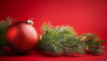Red Christmas Ornament And Pine Branch Garland On Red Background
